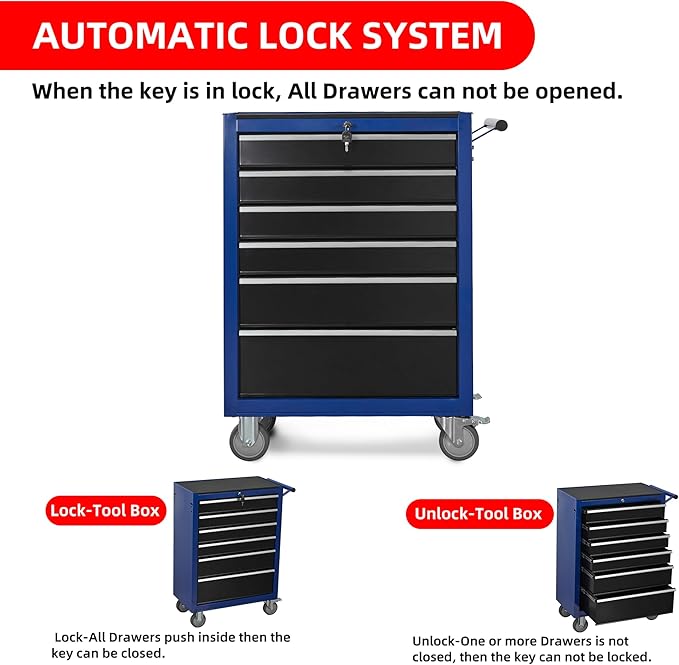 6-Drawer Rolling Tool Chest Cabinet, Large Capacity Metal Tool Box with Wheels and Keyed Locking, Roll Around Storage Organizer Tool Cart for Garage, Warehouse, Work Shop (Blue)