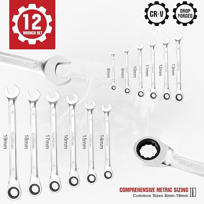 Ratcheting Wrench Set with Organizer Box, 12 Point Wrench Se t, Cr-V Constructed