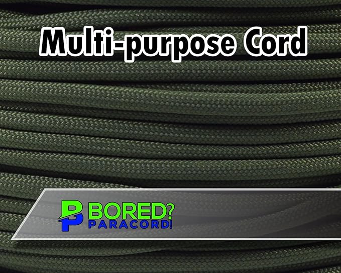 BORED? PARACORD! 550 lb Paracord - Ideal for Crafting, Camping, DIY Projects, Active & Military Outdoors - Strong Survival Rope - Tactical Parachute Cord Type III - Moss 100 Feet