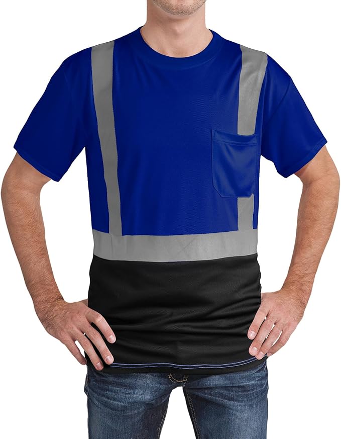High Visibility Shirts Quick Dry Safety T Shirts with Reflective Strips and Pocket Short Sleeve Mesh Hi Vis Construction Work Class 2 Shirt for Men/Women Black Bottom Blue,Medium