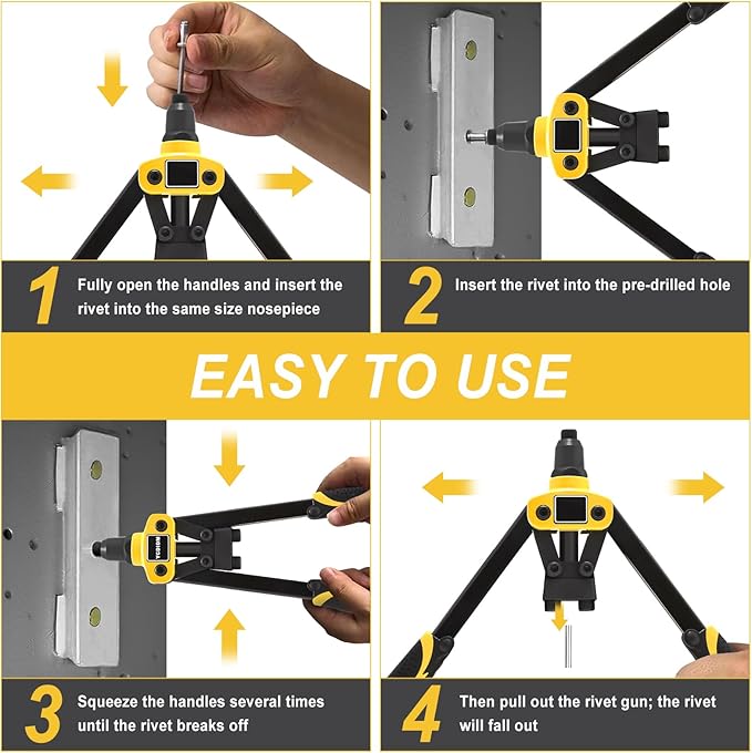 13" Rivet Gun, Rivet Gun Kit with 5 Pcs Rivets, 3 Nosepieces Manual Hand Pop Rivet Gun(1/8", 5/32", 3/16"), Heavy Duty Rivet Tool for Metal, Aluminum, Stainless Steel