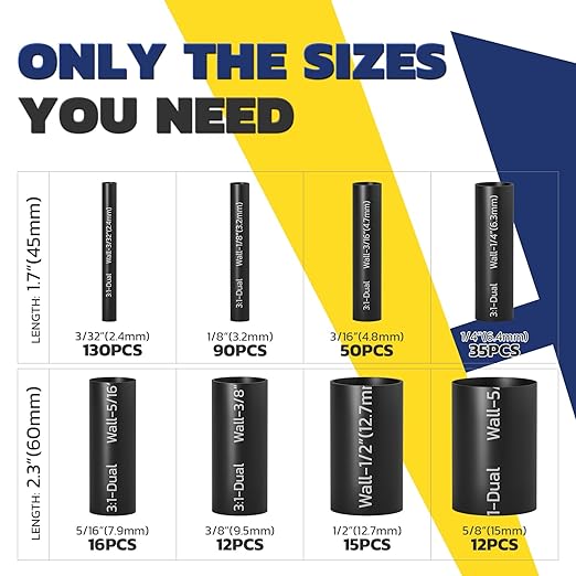 haisstronica 360PCS Heat Shrink Tubing,3:1 Ratio Adhesive Lined Marine Heat Shrink Tube Kit 8 Sizes(3/32"-5/8") Black
