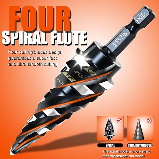 Four Spiral Flute Step Drill Bit for Metal,M35 Cobalt Unibit Step Drill Bit Set 1/8"-7/8" (3 pcs),Wear-Resistant AlTiN Coated,1/4" Hex Shank for Metal, Stainless Steel, Aluminum, Plastic