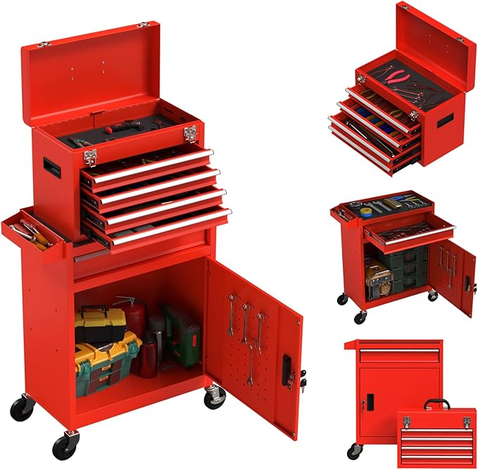 5-Drawer Rolling Tool Chest with Wheels, Lockable Metal Tool Box with Drawers, Detachable Top Cabinet & Storage Cart for Garage Workshop,Repair Room(Red)