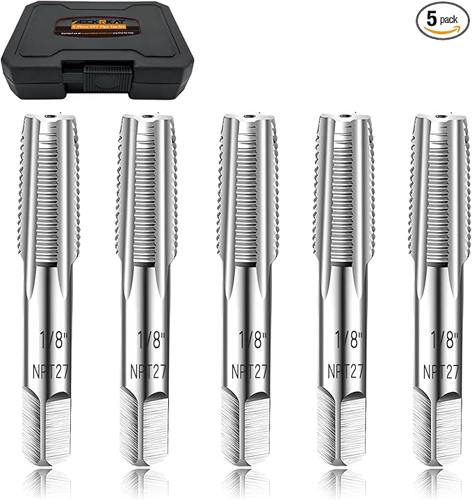 5-Piece NPT Pipe Tap Set, Precision Carbon Steel NPT Tap Thread Cutting Brill Bits Set for Clean Accurate Threads, 1/8" NPT Tap, Perfect for Plumbers Mechanics DIYers, with Durable Plastic Case.