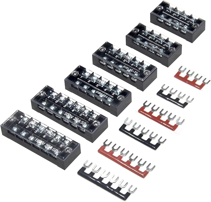 MILAPEAK Terminal Block and Strip - 6 Sets 4/5/6 Positions 600V 25A Dual Row Wire Screw Terminal Strip Block with Cover + 400V 25A Pre-Insulated Terminals Barrier Strips Jumpers (Black & Red)