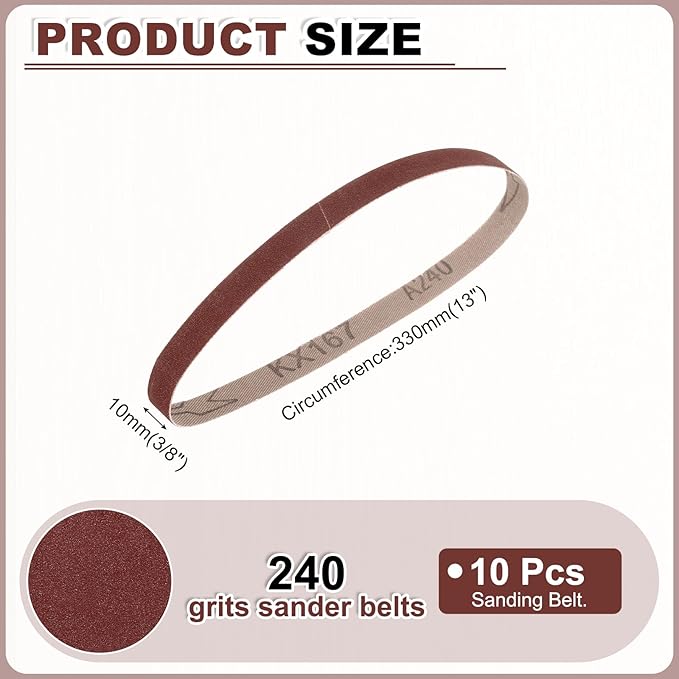 HARFINGTON 3/8 x 13 Inch Sanding Belts, 10 Pcs 240 Grit Aluminum Oxide Abrasive Belt Sander File Belt for Woodworking, Metal Polishing, Knife Sharpener