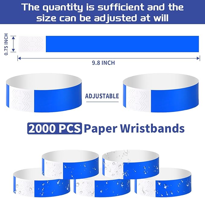 2000 Pcs Paper Wristbands for Events Waterproof Neon Blue Wrist Bands Adhesive Concert Identification Wristbands Hand Bands for Events(Blue)