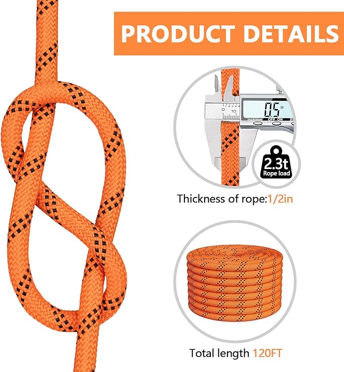 X XBEN Braided Polyester Arborist Rope 1/2 inch X 120ft, 48 Strands, 12 Inner core,5174 LBS Breaking Strength Outdoor Ropes, Arborist Rigging Rope for Rock Hiking Camping Swing Tree Rescue,Orange