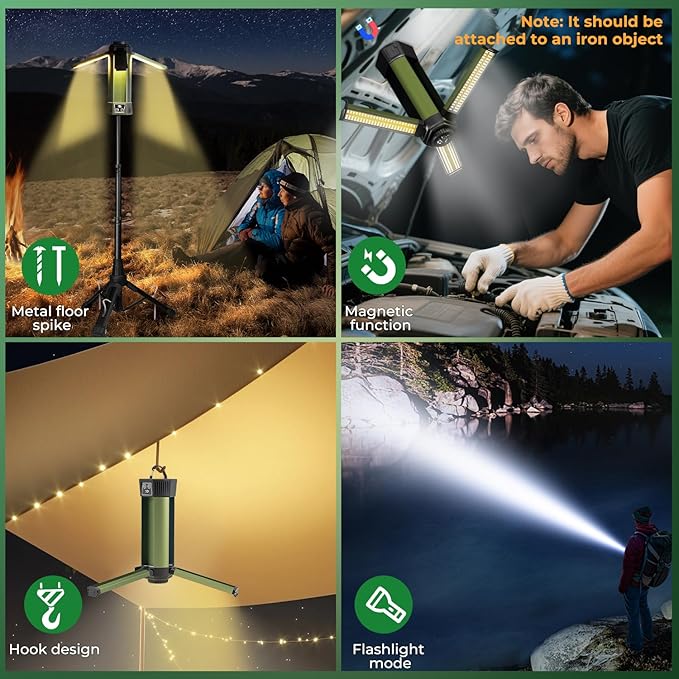 Rechargeable Camping Light with Stand 6000mAh 3.9 ft Max Height, Cordless Camping Lights with 3 LED Lamp Heads, 2000 Lumens Dimmable Magnetic Emergency Flashlight with Detachable Tripod(Green-M)