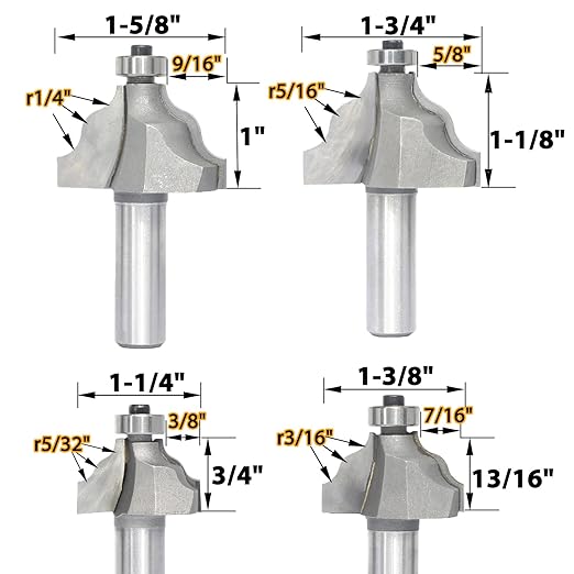 4Pcs Wavy Edge Molding Router Bits,1/2" Shank,3/4",7/8",1-1/8",1-1/4" Cutting Height for Wood Table Edging,Picture Frames Profiling,Furniture Moulds Projects with Bearing Guided