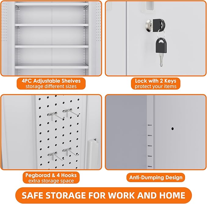 73 Inches Metal Storage Cabinet on Wheels,Garage Storage Cabinet with Wheels and 4 Adjustable Shelves,Rolling Cabinets for Garage,Office,Warehouse,Assemble Required(White)