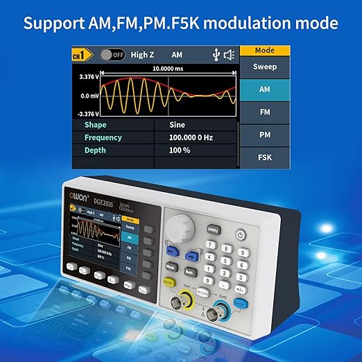 OWON DGE2035 Dual-Channel Arbitrary Waveform Generator, 35MHz Function Generator, 125MSa/s Sampling Rate, 14-bit Resolution, 3.6” TFT LCD, Signal Generator with AM/FM/FSK Modulation, PC Control