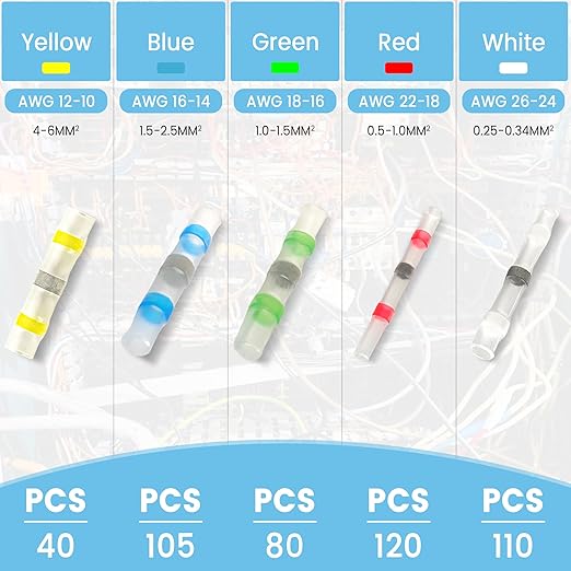 455 PCS Heat Shrink Self Soldering Butt Connector, Solder Seal Wire Connectors Kit, Waterproof Wire Solder Stick Splice Connector for Marine Electrical Automotive (5 Colors/5 Sizes/ 26-10 Gauge)