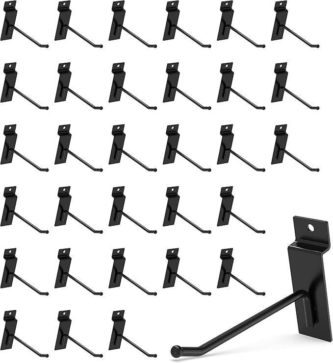 POETISKE Slatwall Hooks 32PC 4 Inch Slatwall Accessories - Heavy Duty Pegboard Gridwall Hooks for Retail & Garage Organization - Black