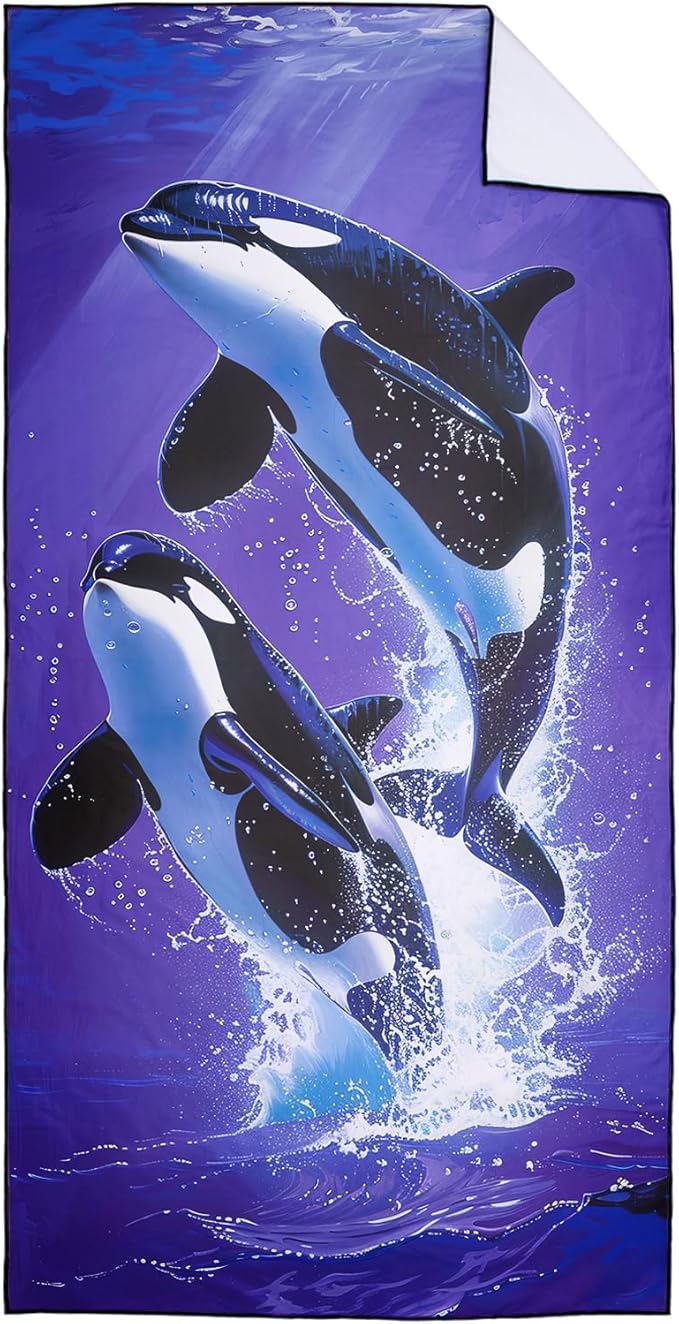 Killer Whale Beach Towel Oversized 36" x 72", Thin Lightweight Sand Free Quick Dry Microfiber Towel for Swimming Pool Cruise Camping Travel