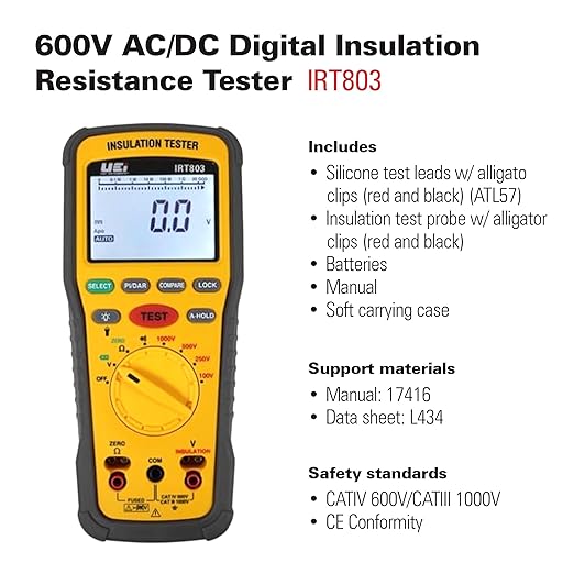 UEi IRT803 Insulation Resistance Tester 600V AC/DC, Megohmmeter Measures Insulation Resistance Up to 20GΩ, Voltage Testing Up to 600V