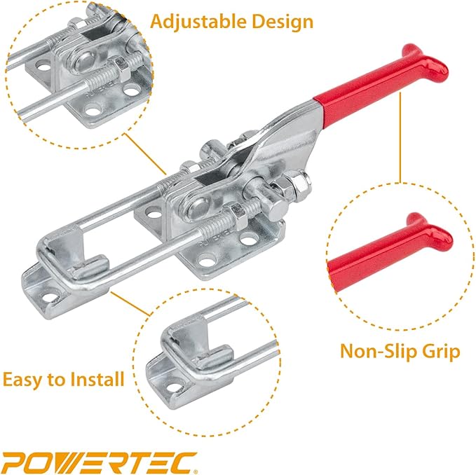 POWERTEC 4PK Toggle Clamp Set, 375 lbs & 700 lbs Holding Capacity, J Hook and Self-Lock U-Bolt Adjustable Latch for Smoker, Tool Box, Woodworking Jigs and Fixtures, Cabinet, Lids, Door, Truck (20345)