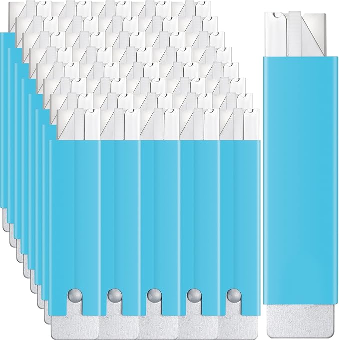 Lasnten 48 Pieces Box Cutters Bulk Retractable Cardboard Cutter Single Edge Handy Mini Box Knife Razor Blade Cutter Iron Body Utility Knife for Paper Packages Letter(Light blue)