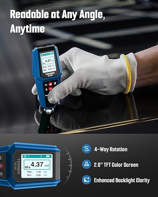 TESMEN TCG-2001 Paint Thickness Gauge for Cars, Digital Paint Meter with Data Bar Graph, 4-Way Backlit Color Screen, Car Paint Mil Thickness Tester with Limit Alarm for Used Car Buyers - Blue