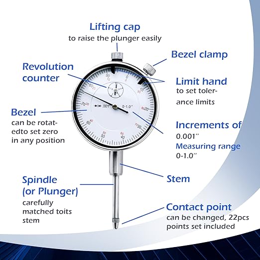 Dial Indicator with Magnetic Base Holder Differential Backlash Gauge 0-1", Fine Adjustable Long Arm Tester Gage Gauge 0.001" Precision, Indicator Points 22pcs