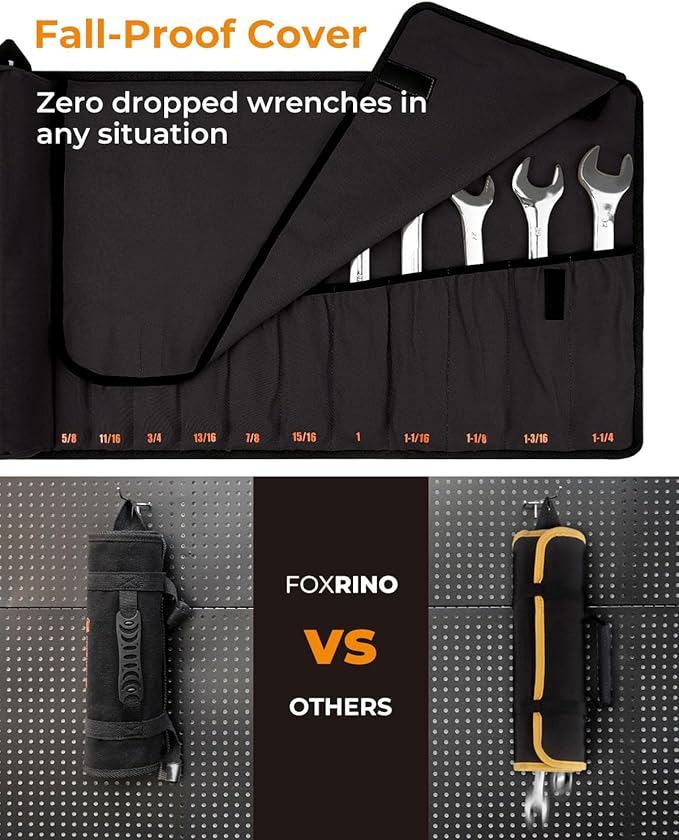 Wrench Roll, Wrench Roll Up Pouch, Gifts for Men Father Dad Mechanic, Heavy Duty Canvas Wrench Organizer Bag (Black, 17+1 SAE)
