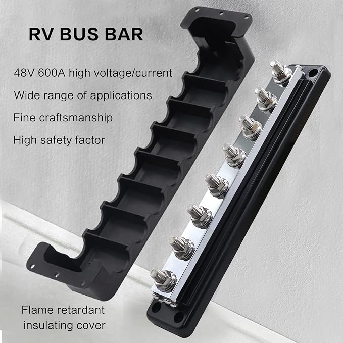 600 A High Current Copper Bus Bar 300V AC / 48V DC 8 Way 3/8 inch (M10) Studs 8#8-32 Screws Electrical Terminal Ground Distribution Block Battery Buss Bars with Cover (Black)