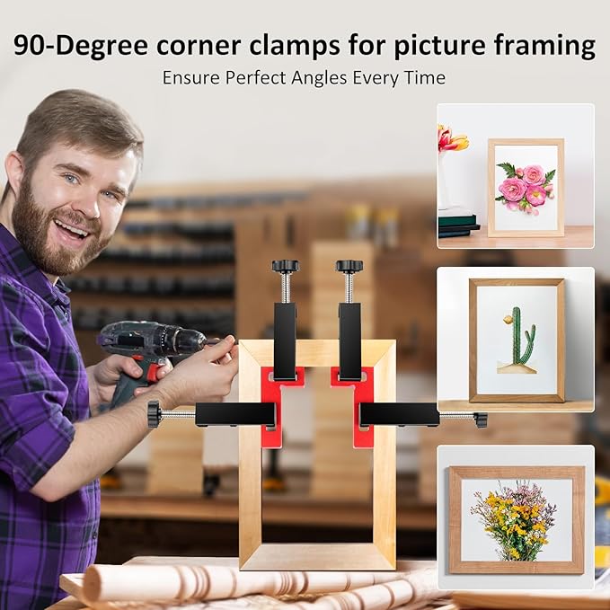 Corner Clamps for Woodworking - Durable & Versatile 90 Degree Right Angle Clamps, 2 Pack 2" x 4" Aluminum Positioning Squares with 4 C-Clamps for Cabinets, Frames, and Drawers