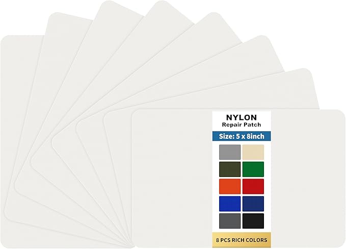 KING MOUNTAIN Self Adhesive Nylon Fabric Repair Patch, 5×8 Inches 8 Pcs, Quick Down Jacket Repair Patch, Waterproof Outdoor Gear Patch Kit for Tent,Backpacks,Umbrella, Gloves, Sleeping Bag (White