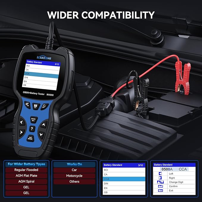MA900 Battery Tester + OBD2 Scanner 2 in 1, 12V 24V 100-2000CCA Accurate & Instant Battery Health Diagnostic Tool with OBFCM Test I/M Test, Charging & Cranking Analyzer for Car, Motorcycle