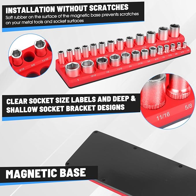 Magnetic Socket Organizer Set, 6pcs Metric SAE Magnetic Socket Holder Set Includes 1/4", 3/8", 1/2", Socket Trays Holds 143pcs Standard&Deep Size Sockets for Tool Box Drawers Tool Carts Mechanics