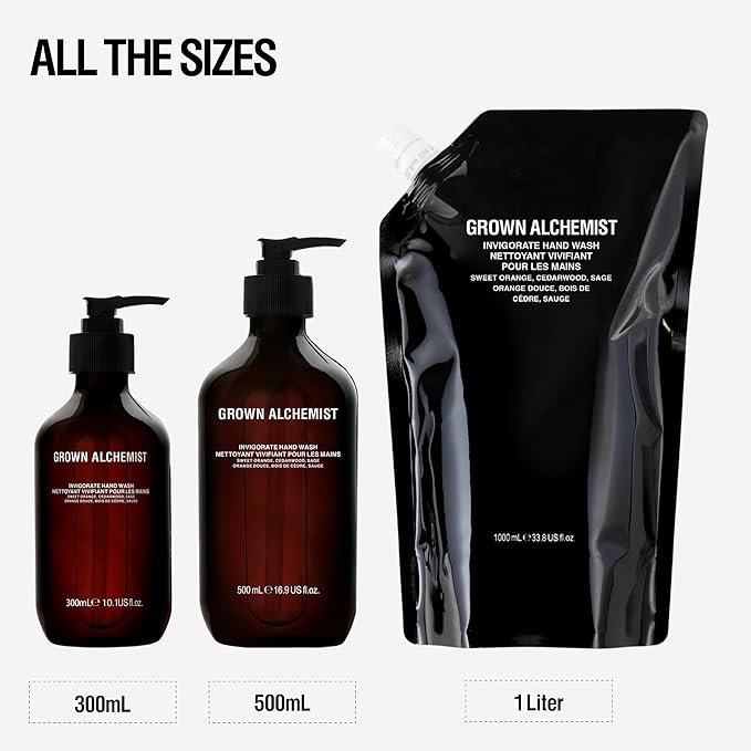 Grown Alchemist Invigorate Hand Wash. Sweet Orange, Cedarwood, Sage. Soothe, Soap to Cleanse & Nourish Skin, (500mL).