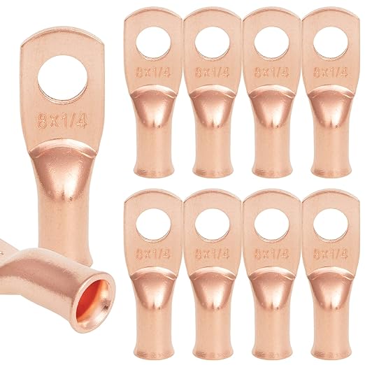 10 PCS 8AWG - 1/4''Stud Heavy Duty Copper Terminals,Battery Cable Crimp Lugs,Battery Cable Ends, Bare Copper Eyelets Tubular Ring Terminals,Closed End Crimp Electric Connectors
