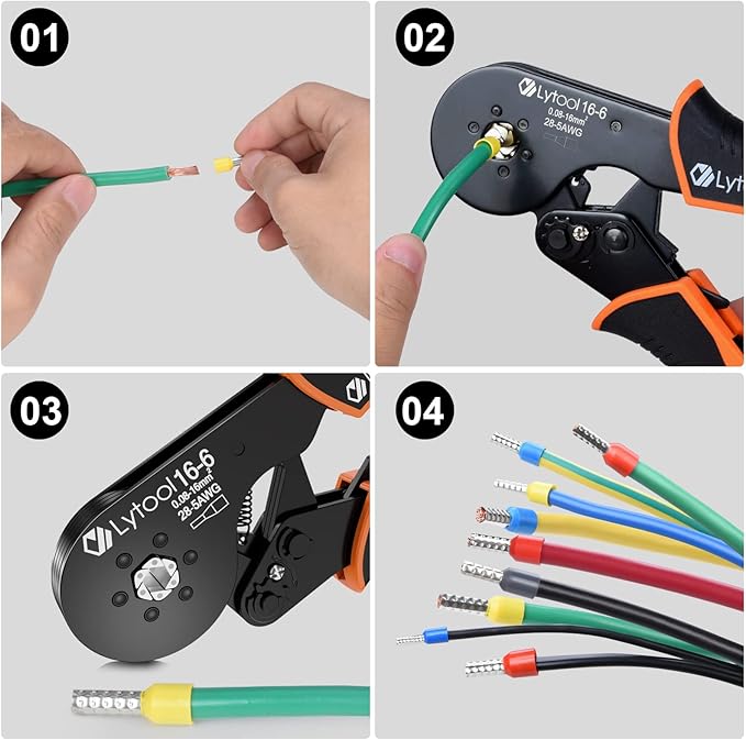 Hexagonal Ferrule Crimper Tool AWG28-5 (0.08-16mm²), Lytool Wire Ferrule Crimping Tool, Self-Adjustable Ratchet Wire Crimping Pliers for Wire Ferrules Terminals Connector Kit, Cables End-sleeves