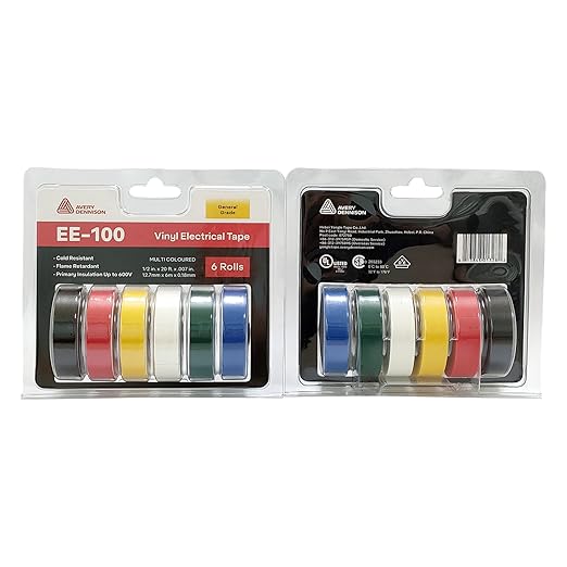 Avery Dennison Electrical Tape, 6 Rolls General Use PVC Electric Tape, UL/CSA Listed 3/4 in x 66 ft Insulating Vinyl Tape for Electrical, Repairs, Automotive and Equipment, EE-100, Multi Colored