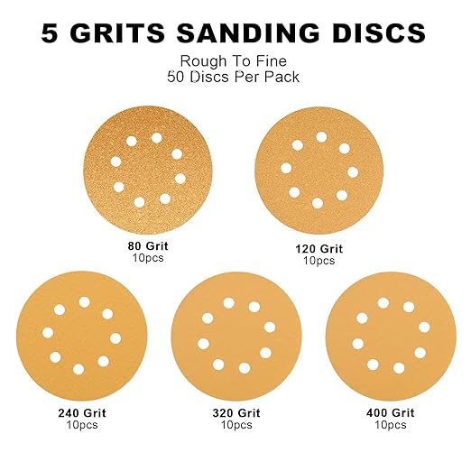 AEROPRO Tools 5 Inch Sanding Discs Hook and Loop, 80/120/240/320/400 Grit Orbital Sander Sandpaper, Sanding Pads for Wood and Automotive, 50 Pack