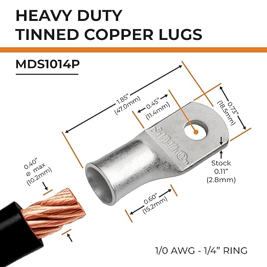 SELTERM 2pcs 1/0 AWG 1/4" Stud Tinned Copper Wire Lugs, Battery Lugs, Ring Terminals, Battery Cable Ends, 0 Gauge Ring Terminal Connectors, UL Marine Grade Electrical Battery Terminal Connectors