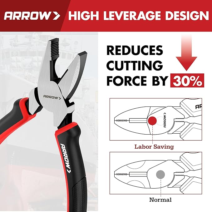 ARROW Linesman Pliers, 8-inch High Leverage Diagonal Pliers Tool with Comfortable TPR Handle, High Carbon Steel, Wire Cutter for Electric and Daily Use