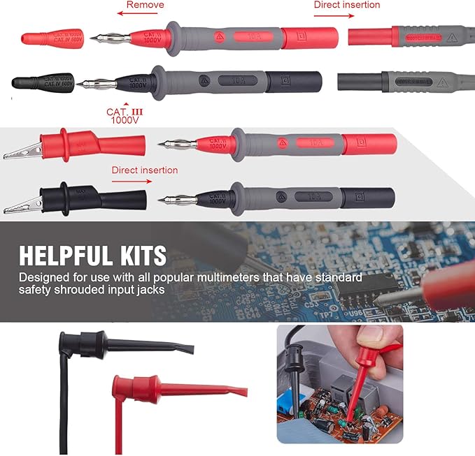 WGGE Soft Silicone ElectricianTest Lead Kit CAT III 1000V & CAT IV 600V with Insulation Alligator Clips, clamp Meter, Needle Probe for WGGE/Fluke/AstroAI/INNOVA/KAIWEETS Multimeter (WG-012)