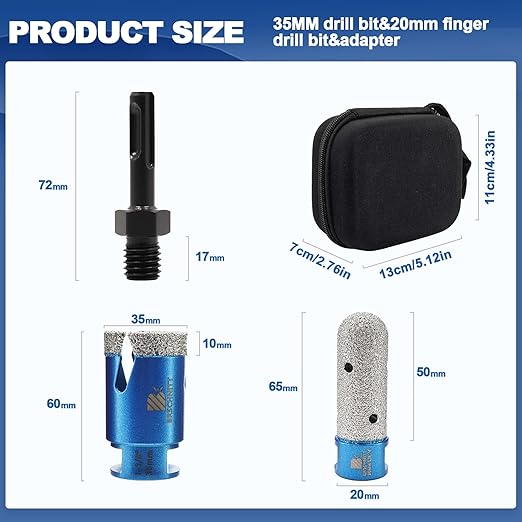 Tile Hole Saw Kit - BRSCHNITT Diamond Core Drill Bit Set 35mm Drill Bit &4/5" Diamond Finger Bit for Porcelain Tile Ceramic Marble Granite & Adapter