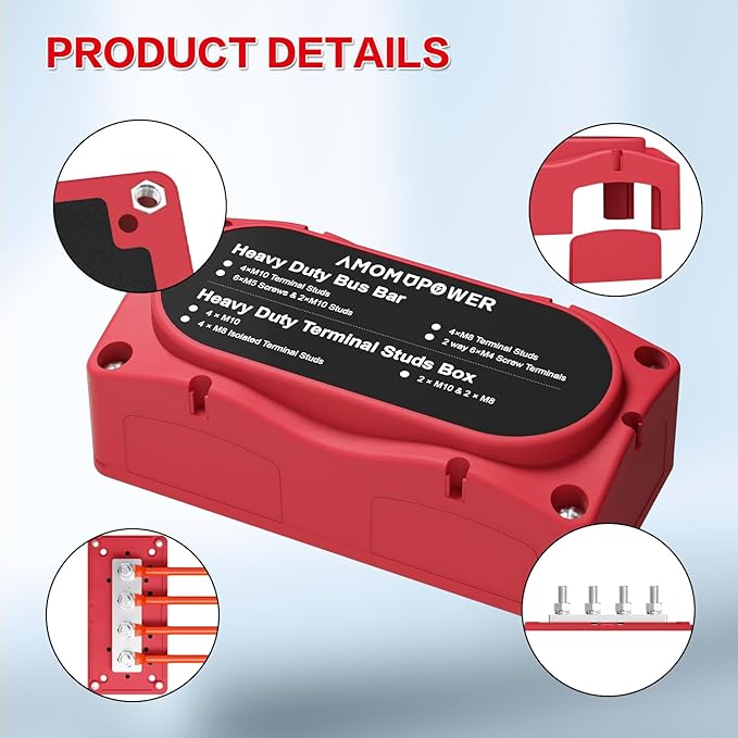 300A Bus Bar 12v Power Distribution Block 4 x 5/16"(M8) Terminal Block Heavy Duty Waterproof Buss Bar Junction Block Marine Battery Bus bar for Automotive Boat Solar System
