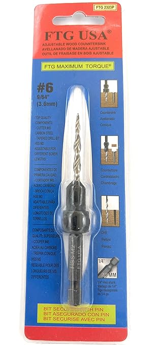 FTG USA Adjustable Wood Countersink Drill Bit #6 (9/64") with Tapered Drill Bit for Woodwork