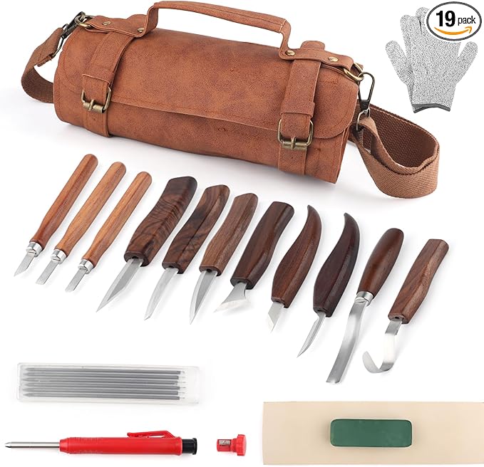18Pcs Wood Carving Tools Sets with Custom Storage Bag,Wood Carving Knives Kit,Wood Whittling Kit Working Carving Knife Tools Set for Beginner and Carpenter
