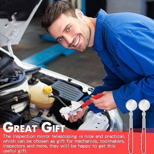 2 Pcs Telescoping Inspection Mirrors, Mechanics Mirror Tool with Long Handle, Round Extendable Mirror on a Stick for Technicians Mechanics Contractors Checking Observation(50mm,Red)
