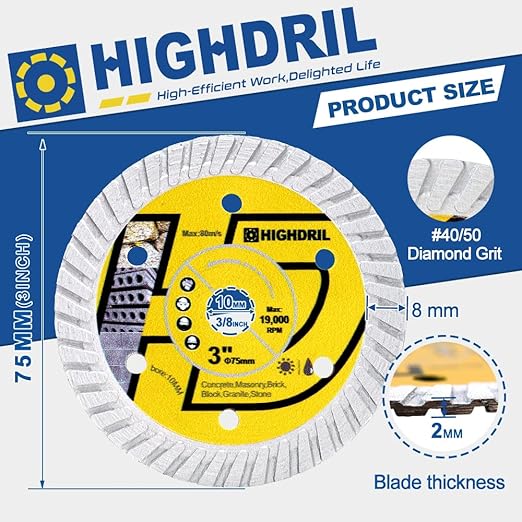 HIGHDRIL Diamond Concrete Blade 3" 75mm x Arbor 3/8" 10mm - 4pcs Angle Grinder Cutting Disc for Cutting Granite Hard Concrete Products Hard Artificial Natural Stones Clinker