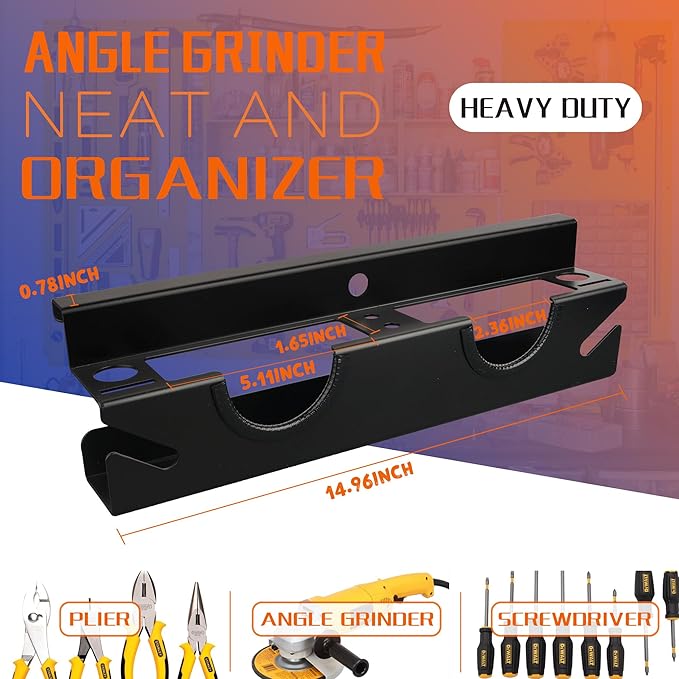 ULIBERMAGNET Angle Grinder Rack, Solid Steel Utility Storage Holder with 2 Bay, Heavy Duty Wall Mount Storage Metal Shelf Holder with Cord Hanger for Angle Grinders, Cutters, Polishers, Screwdriver