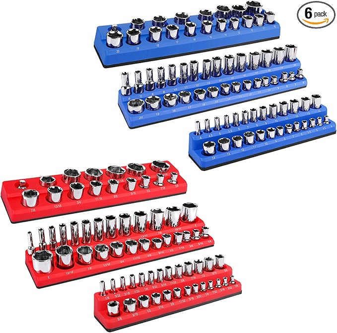 Magnetic Socket Organizer Set, 6pcs Metric SAE Magnetic Socket Holder Set Includes 1/4", 3/8", 1/2", Socket Trays Holds 143pcs Standard&Deep Size Sockets for Tool Box Drawers Tool Carts Mechanics