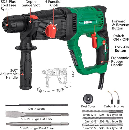 1" SDS-Plus Lightweight Rotary Hammer Drill, 9 Amp 4 Functions Corded Variable Speed Rotomartillo with Safety Clutch for Concrete, Includes 3 Drill Bits,2 Chisels,Carrying Case