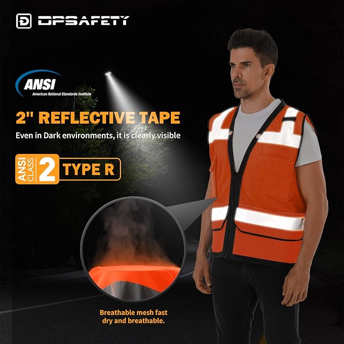 Reflective Safety vest With back plan pocket,High visibility Class 2 Heavy Duty Surveyor Vest with Zipper,Hi Vis Vest ANSI/ISEA Standard, Construction Work Vest for Men＆Women(Orange,5XL)