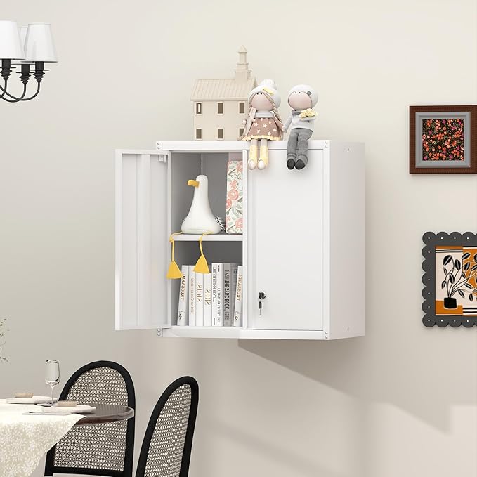 GREATMEET 27.95" H Metal Garage Storage Cabinets, Locking Storage Cabinet, Wall Mount Cabinet for Kitchen, Dining Room, White